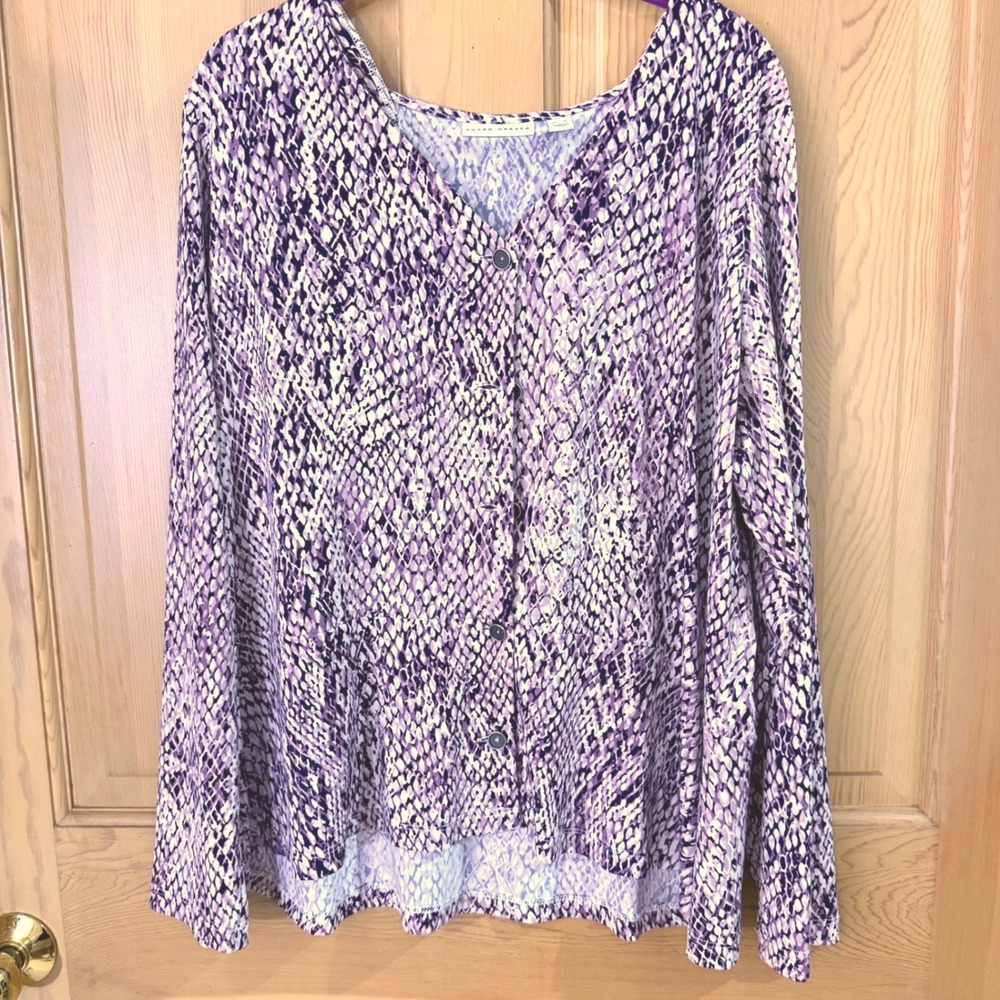 Susan Graver Snakeskin Top XL Purple Animal Print Button Front V-Neck Blouse